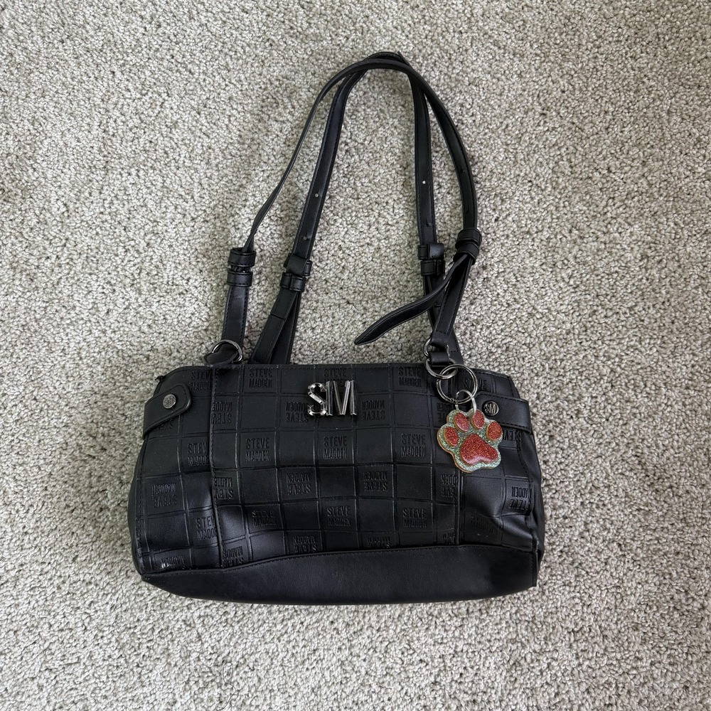 Steve Madden Shoulder Bag Womens Medium Black Faux Leather Logo Zip Purse